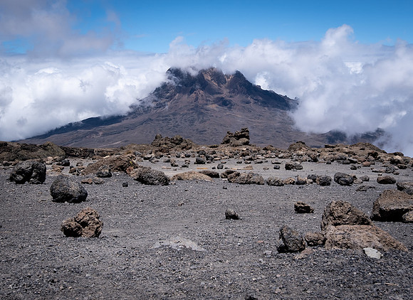 View of the Little Sister, a secondary peak of the Kili volcano from Kosovo camp descending